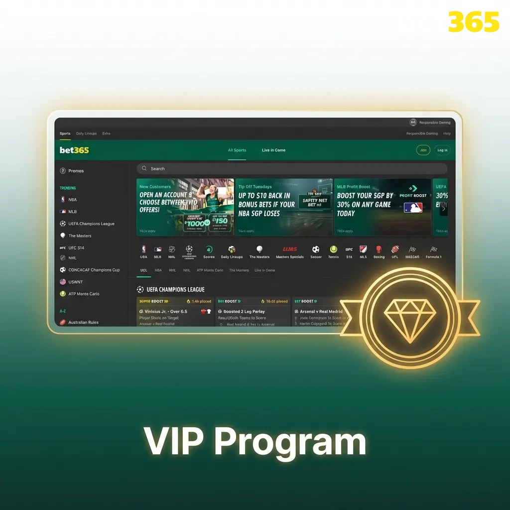 Bet365 VIP loyalty program tiers with rewards including cashback, free bets, and exclusive bonuses for frequent players